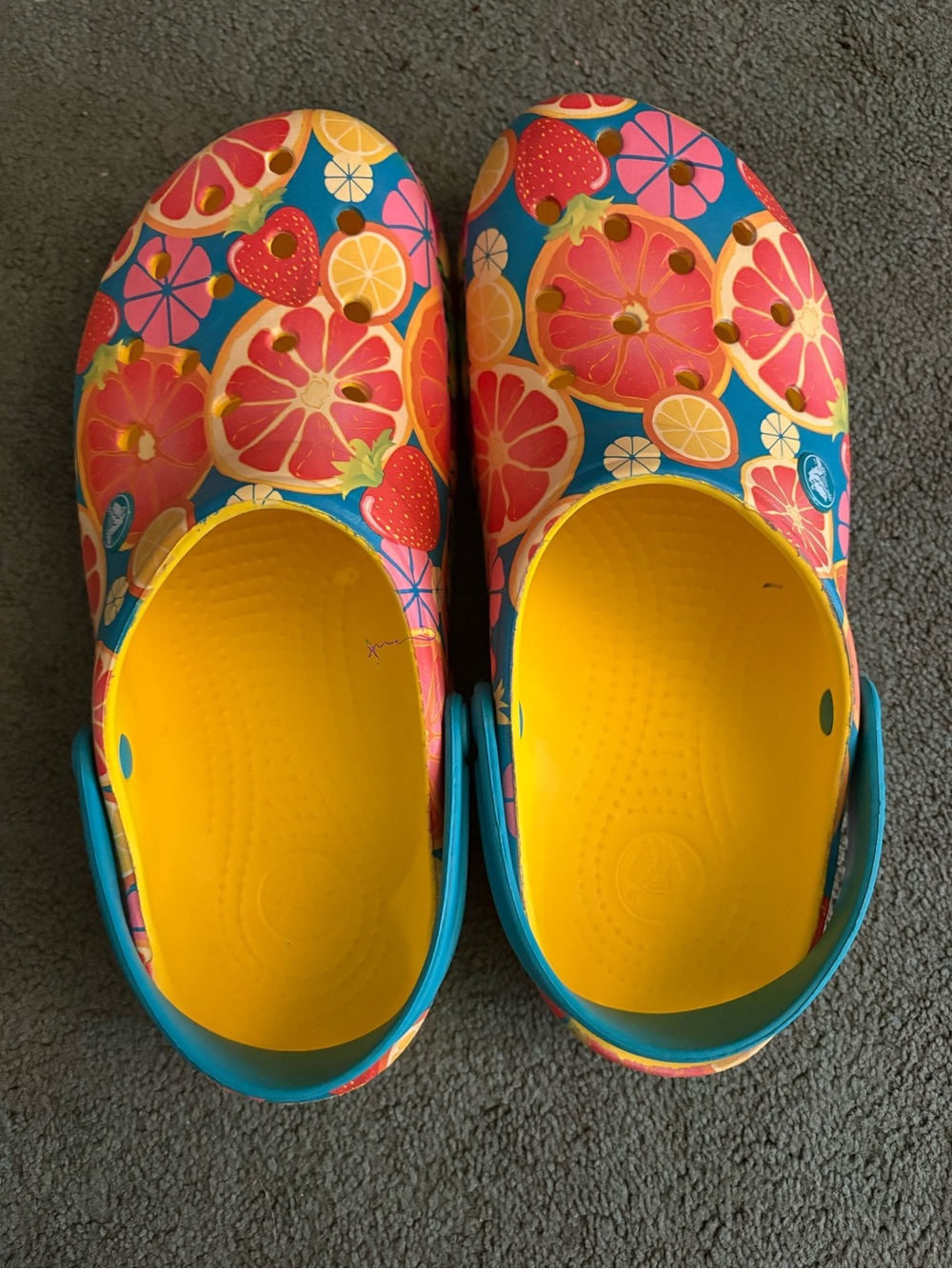 CROCS Fruit Print Clogs in Blue, Yellow, Pink